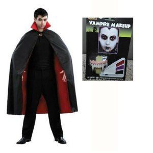 Vampire Dracula Halloween Costume 2 Pc 54" Black Cape, Teeth & Makeup Adult Mens
